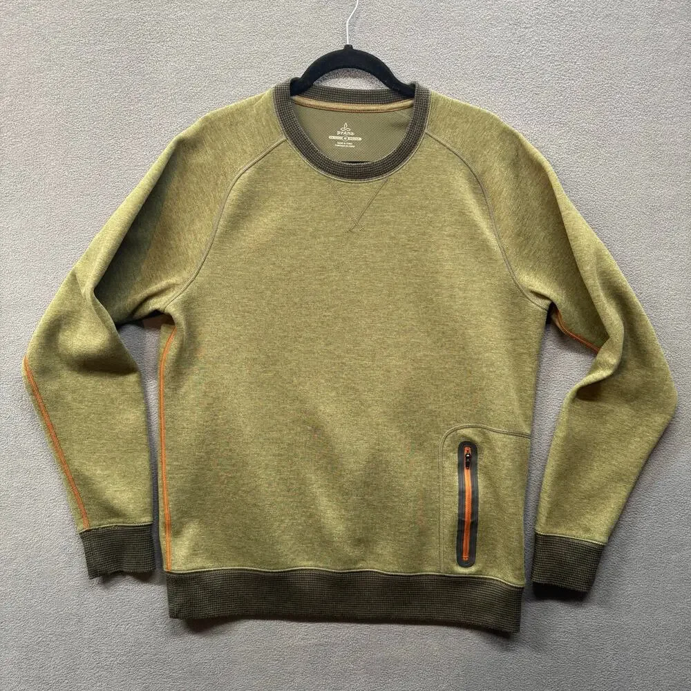 Prana Halgren Pullover Long Sleeve Crew Mens M Cargo Green Heather Zipper Pocket
